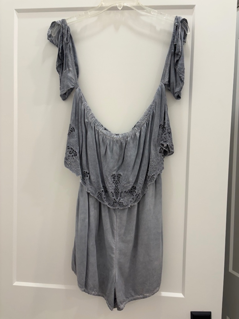American Eagle Outfitters Sage Green Eyelet Off the Shoulder Romper; Size: Small